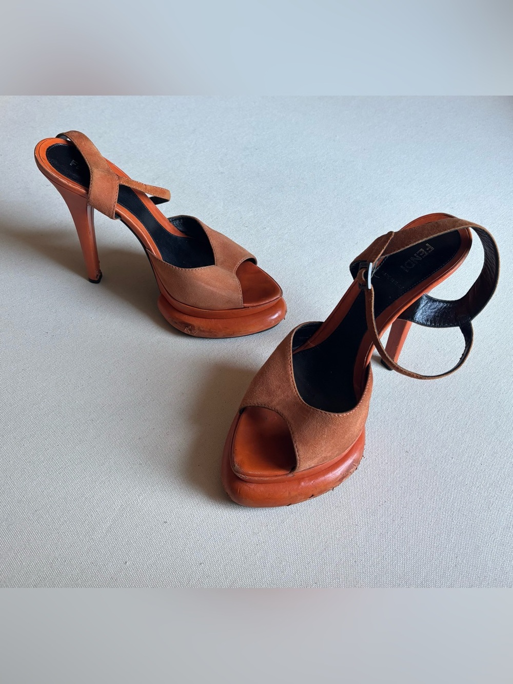 Vintage FENDI Suede Platform Sandals Orange Bubble Heel Sz. 40